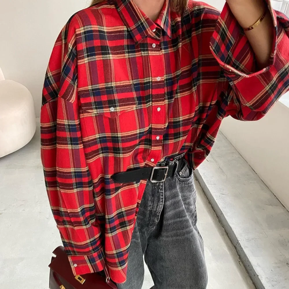 

Classic Retro Wine Red Checkered Shirt 2025 Spring and Summer Women's Trendy Street Y2K Loose Leisure Versatile Polo Neck Shirt
