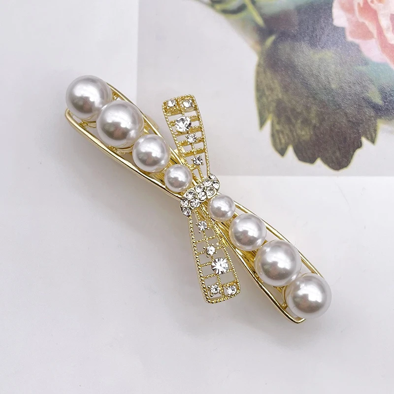 Korean Fashion New Pearl Rhinestone Hair Clip Women\'s Side Clip Korean Headwear Ponytail Rhinestone Elastic Clip Metal Hair Acce