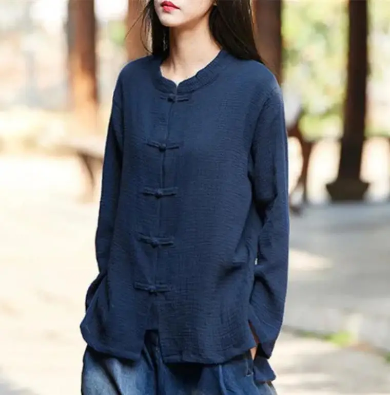 Women's plus Size Cotton Linen Button-Up Shirt Vintage Chinese Style Casual Long Sleeve Top for Spring/Autumn