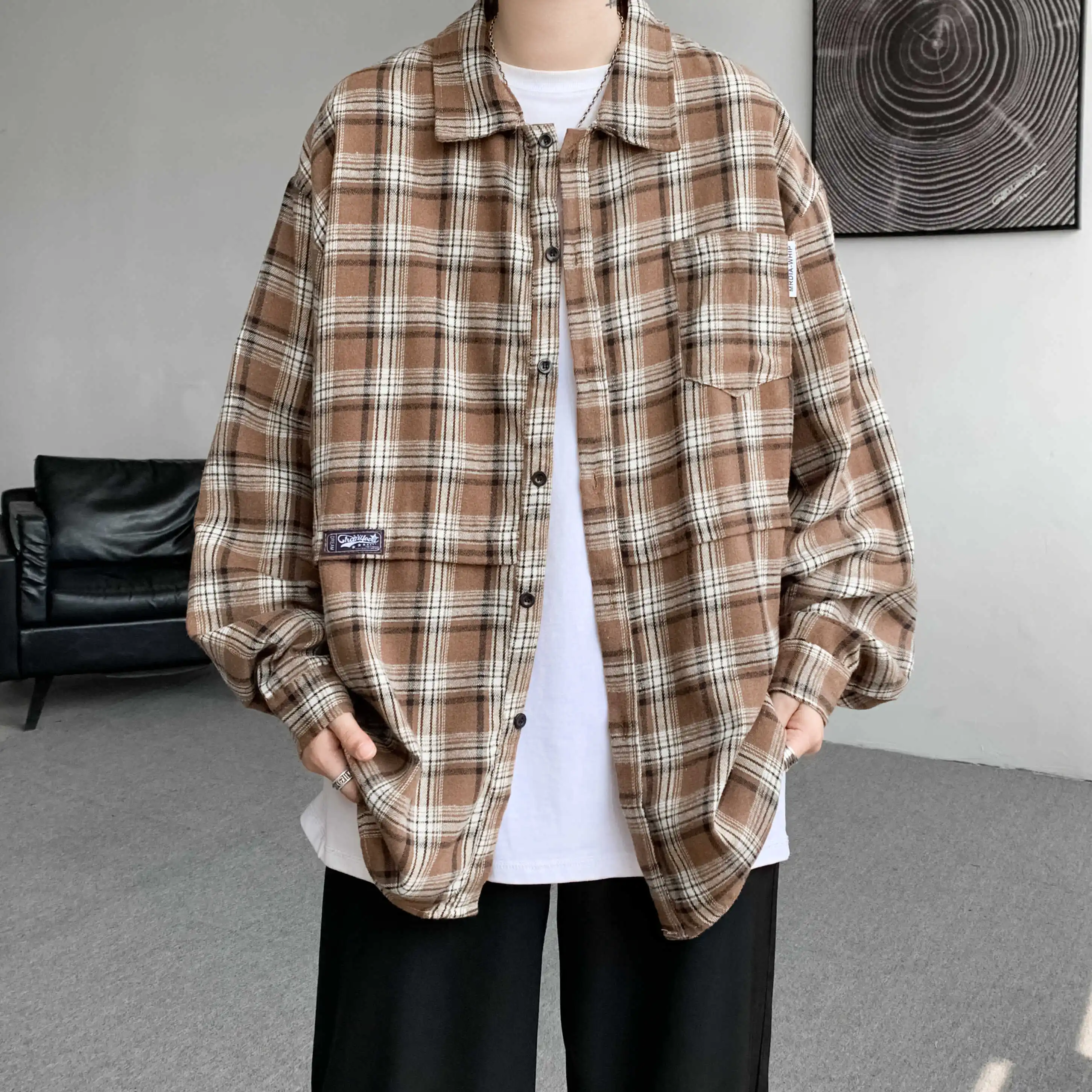 

Retro Cityboy Plaid Shirt Men's Casual College Style Korean Hong Kong Couple Spring Autumn Seasonal Long Sleeve Standard Fit