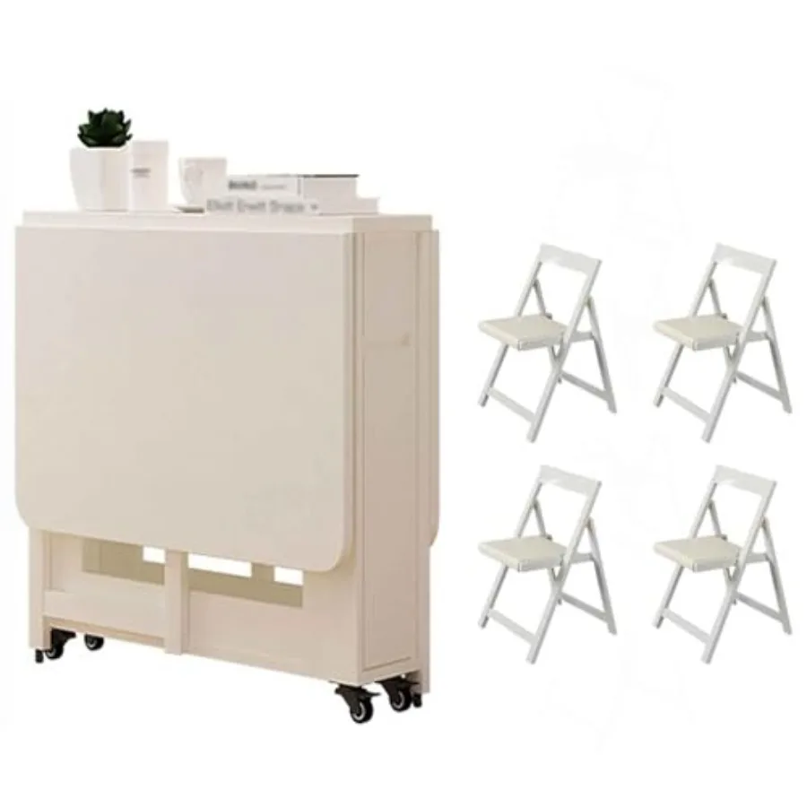

Dining Table Set Made of Solid Wood, Extendable Folding Table with 4 Chairs and Drawer Multifunctional Foldable Kitchen Tables