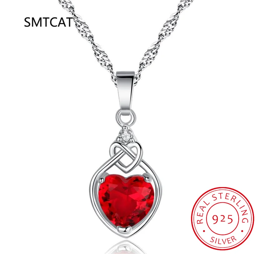 Heart Knot Created Red Ruby 925 Sterling Silver Pendant Necklace for Women Gemstone Jewelry Choker Colar de Prata