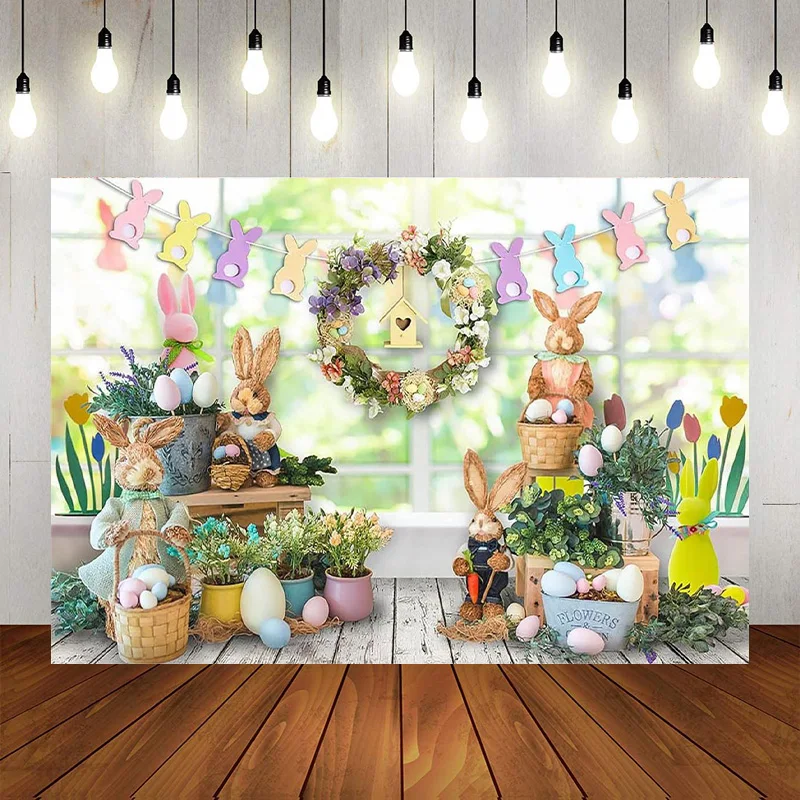 Easter Photography Backdrop Spring Rabbit Bunny Eggs Easter Theme Parties Decorations Photo Background Photoshoot Banner