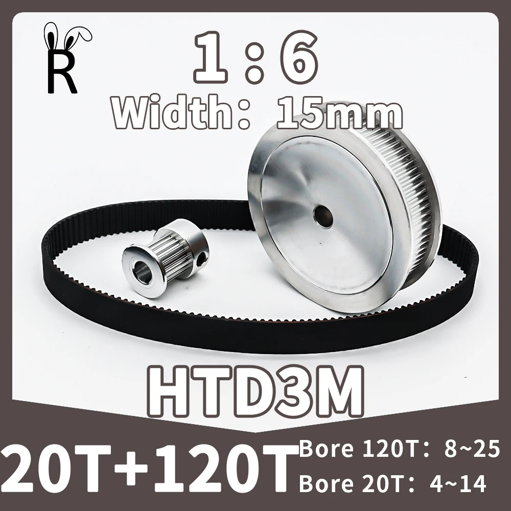 

20T 120T HTD 3M Timing Pulley Set 3M 20Teeth 120Teeth Set Belt Width 15mm Rubber 3M Belt Pulley Kit HTD3M Synchronous Wheels Set