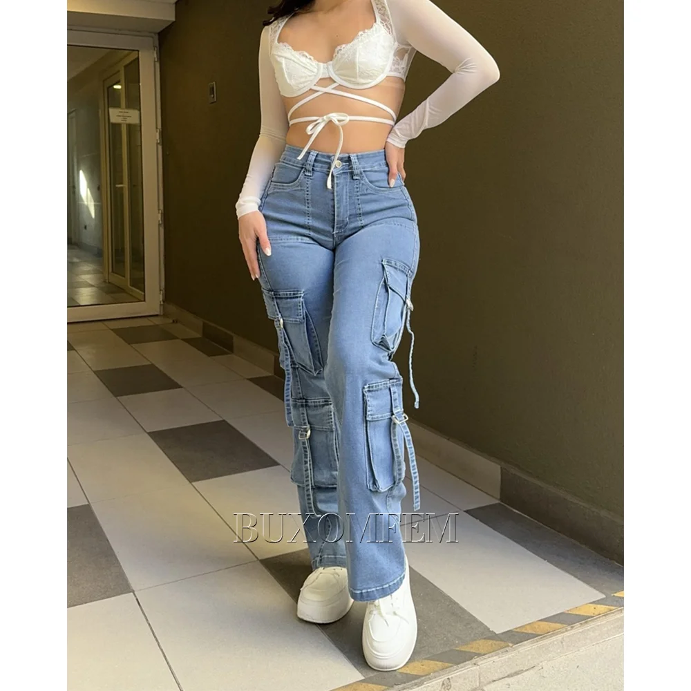 High Waisted Multi-Pocket Cargo Jeans Wrinkle Resistant High Quality Casual Daily Trousers Street Style Outwear Bottoms 2024