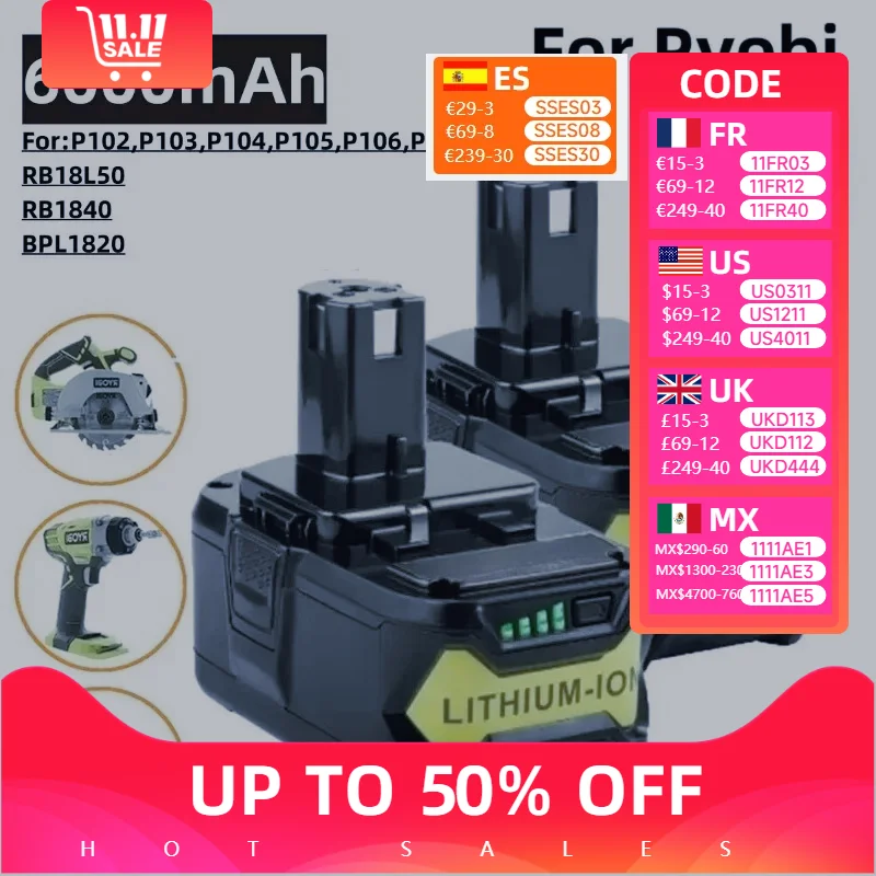 

For RYOBI Power Tools Compatible with18V 6000mAh Li-ion Battery for P108 18V One+ Plus P104 P107 RB18L50 RB18L20 P108 18650.00