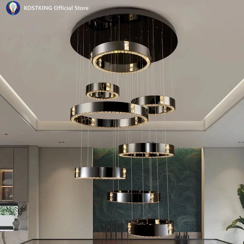 Nordic Retro Cluster Shiny Ring Crystal LED Chandelier Lustre Hardware Ceiling Creative Villa Living Room Lighting Dimmable