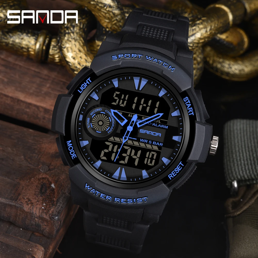 SANDA 6002 Large Men Watches Digital Watch Luminous 5BAR Waterproof Male Sport Watch Quartz Dual Display relogio masculino 2024