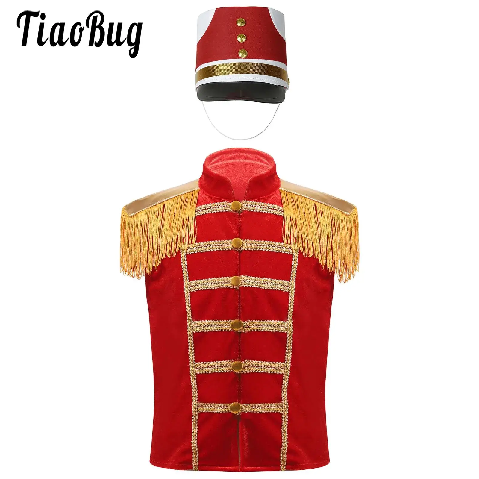 

Circus Drummer Costume for Boys Girls Ringmaster Performance Outfit Kids Sleeveless Fringe Shoulder Waistcoat with Hat Set