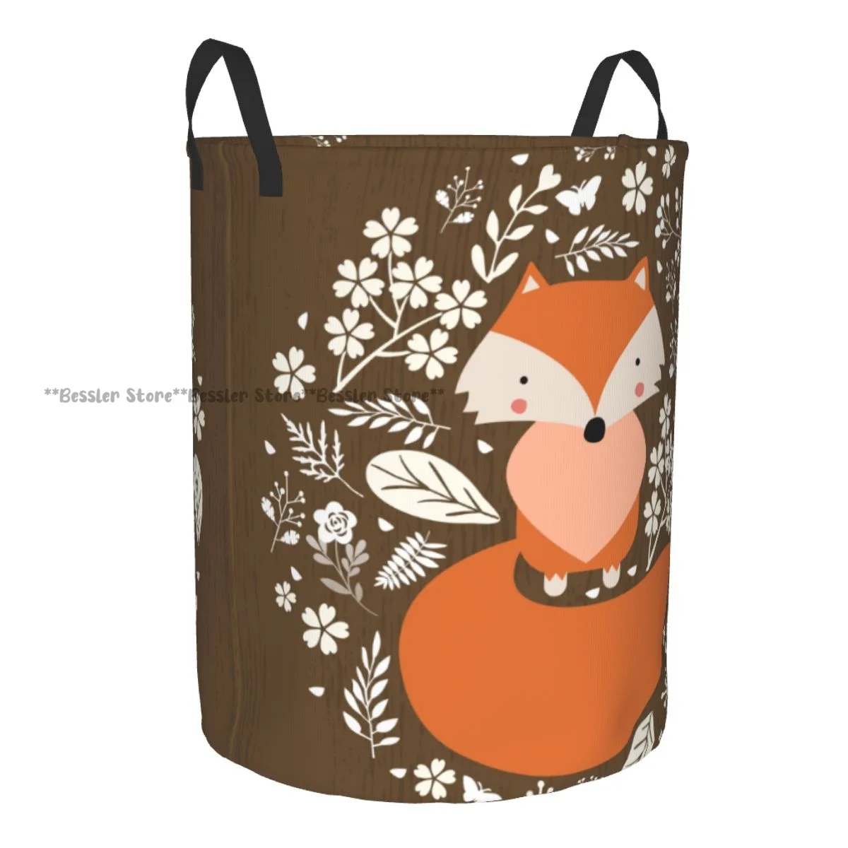 

Fox With Flowers On Wood Background Waterproof Storage Bag Household Dirty Laundry Basket Folding Clothes Organizer
