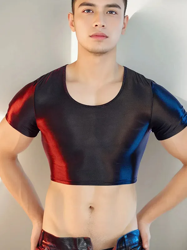 

2024 New Sexy U-neck Skin Friendly Short Sleeve T-shirt Men's High Elastic Ultra Thin Exposed Belly Solid Color Short Top YSLB