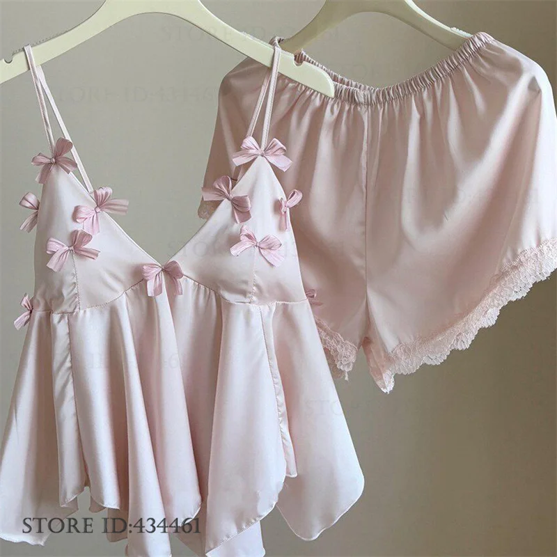 

Young Girl Suspender Pajamas Set Sweet Pink Bow Night Clothes Sexy Women's Lingerie 2PCS Pijamas Suit Summer New Rayon Homewear