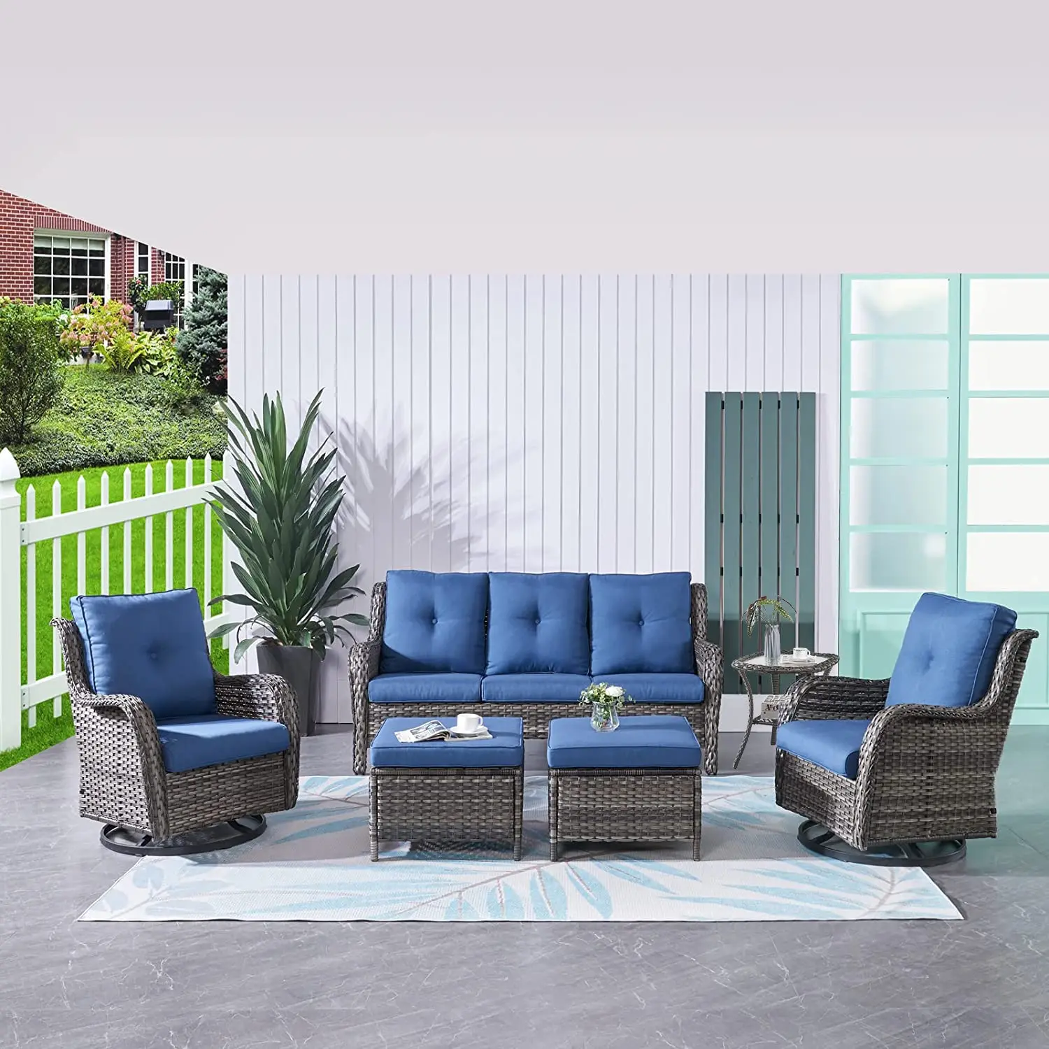 Outdoor Wicker Patio Sectional Sofa Set 6-Piece with Swivel Rocking Chairs Ottomans Side Table, Customized