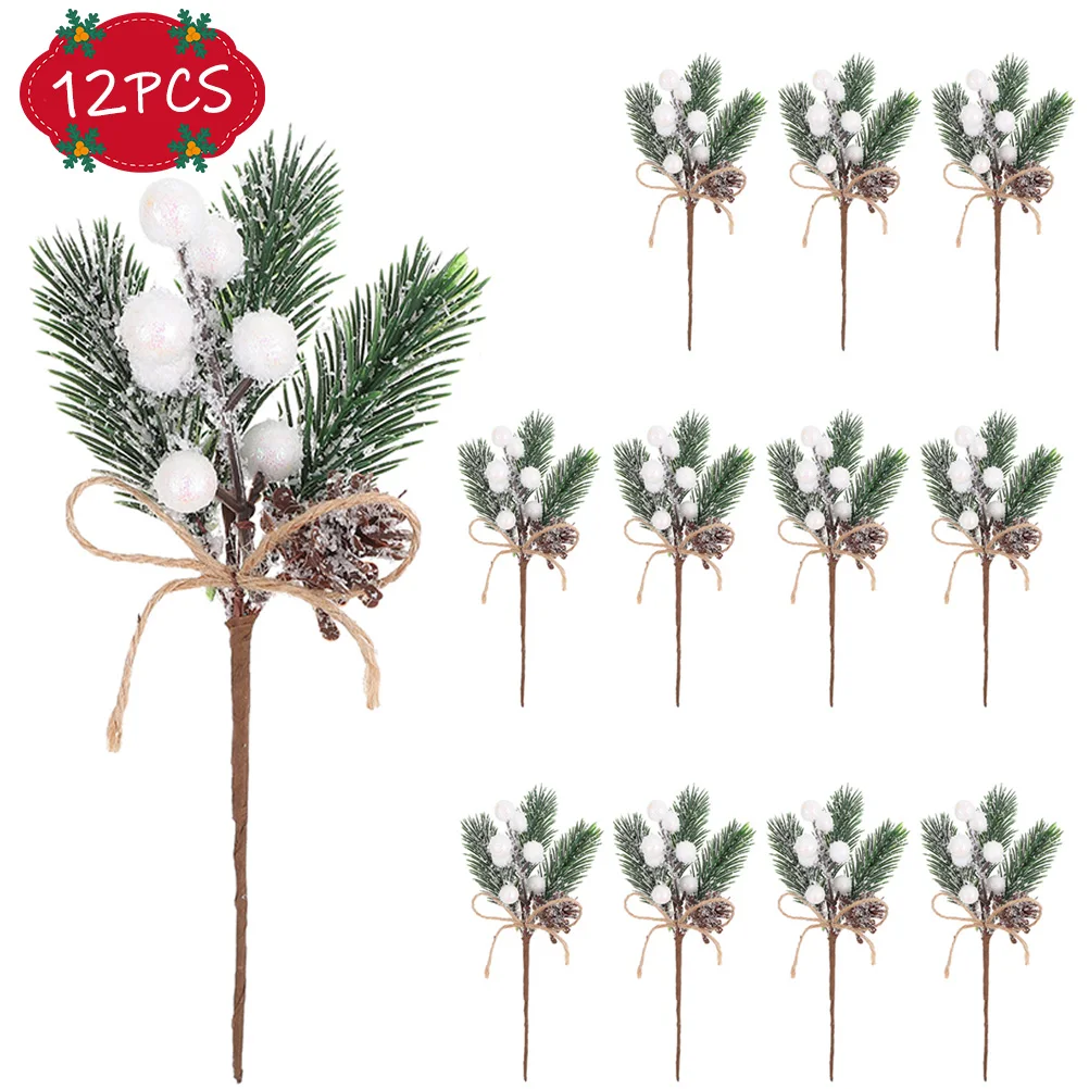 

12pcs Artificial Berry Branches Simulation Pine Decor For Christmas Tree Diy Photo Props Holiday Crafts Desktop Adornment