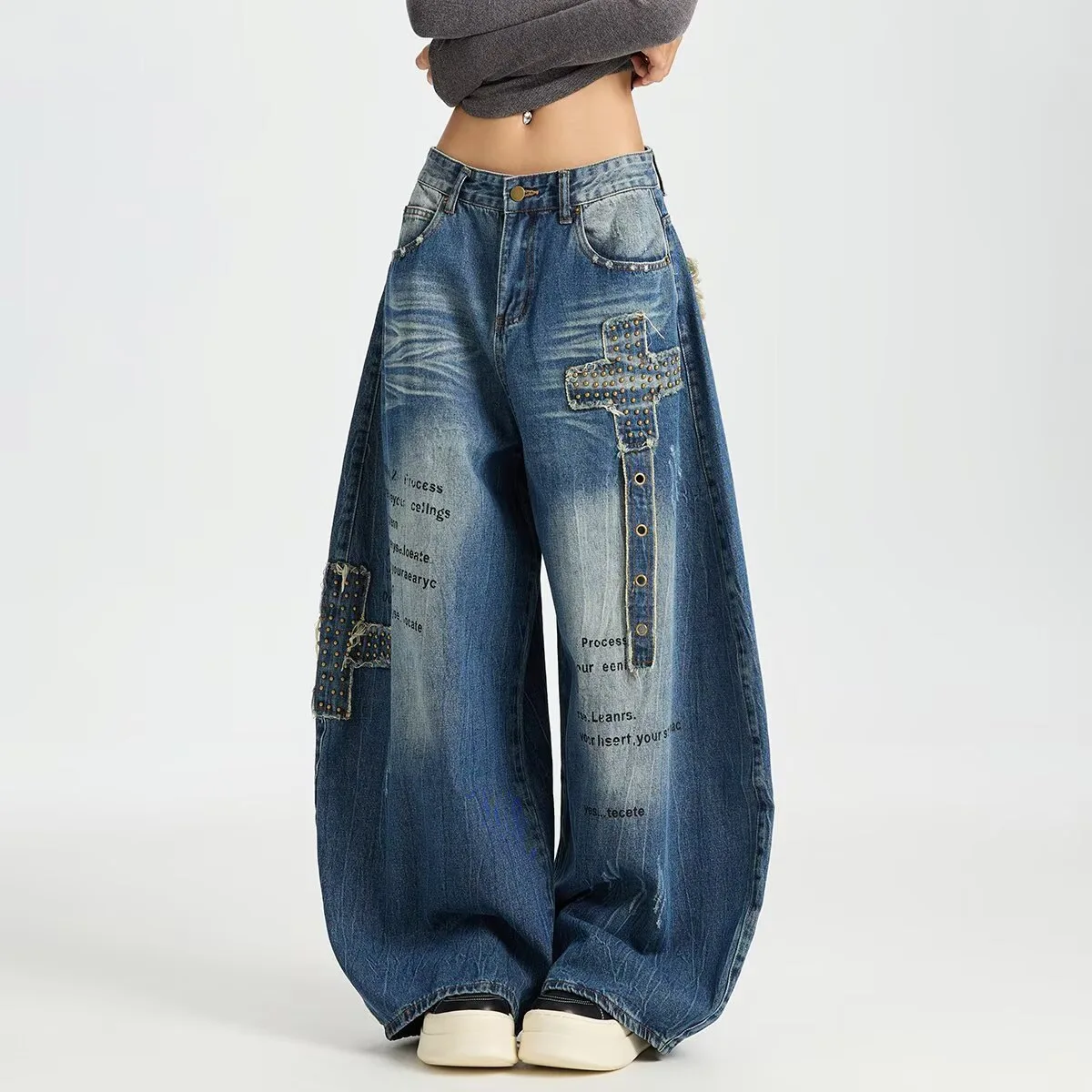 

Vintage Heavy Hip-Hop Rivet Patch Scimitar Jeans For Women, Autumn Foreign Trade Cross-Border Design Loose Wide-Leg Pants