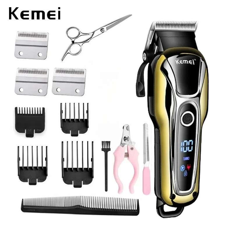 Kemei-cortadora de pelo de animales recargable, 100-240v, KM-1990, cortadora de pelo profesional para perros y gatos, conjunto de aseo para mascotas