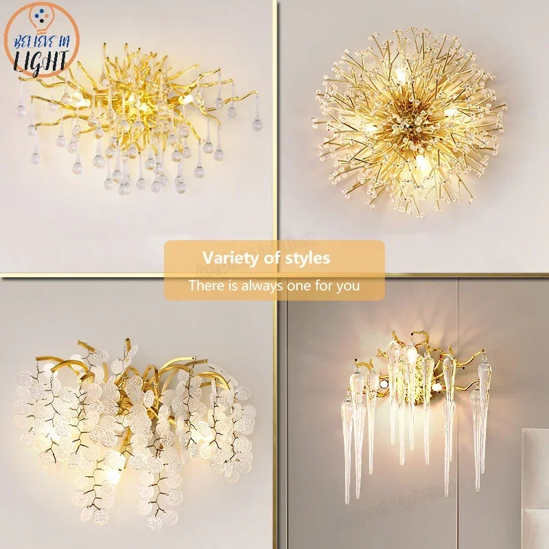 Nordic Crystal Wall Light Led Modern Living Room TV Background Decor Gold Interior Wall Light Fixture for Bedroom Bedside Lamp