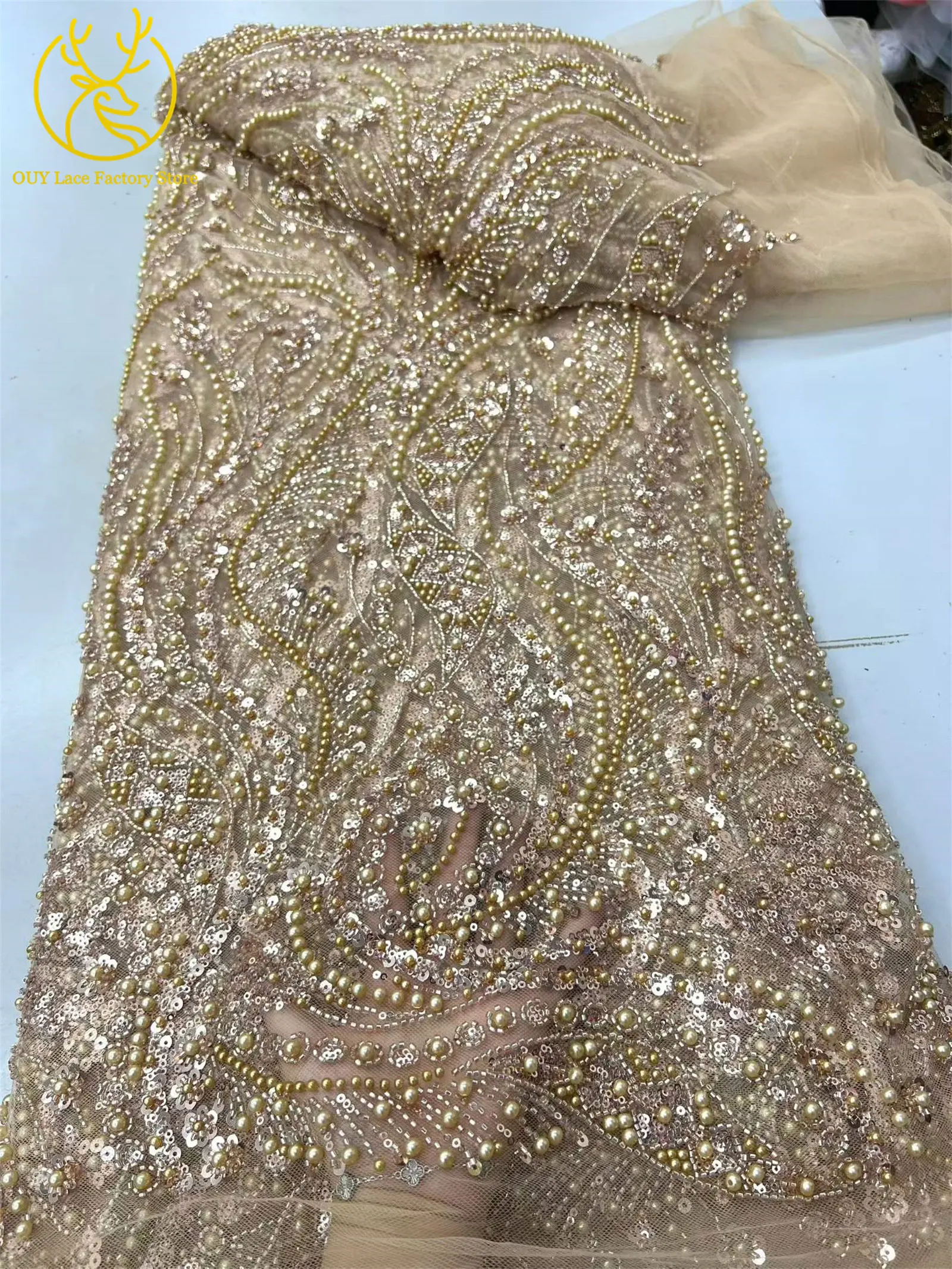5 Yards nigerianischer roter Brautspitzenstoff mit Perlen, hochwertige afrikanische Spitze mit schweren Perlen und Pailletten für Brautkleider und Hochzeitsfeiern – Detail 13