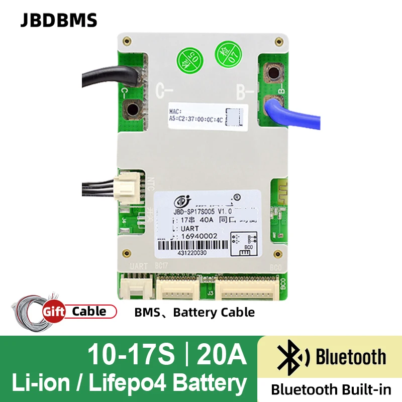 JBD 10S-17S Smart BMS 20A  36V 48V 60V  Li-ion LifePo4 Lithium Battery Balance Protection Board  with Bluetooth APP UART PC
