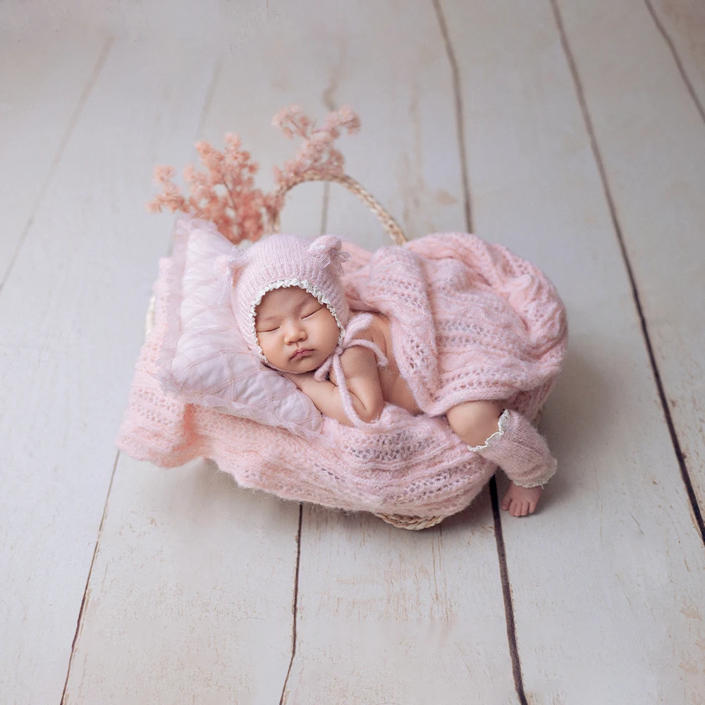 طفل التصوير الدعائم عدة لطيف الوردي محبوك بذلة قبعة الساق الجوارب مجموعة الدانتيل وسادة زهرة اصطناعية استوديو صور تزيين الدعامة #3