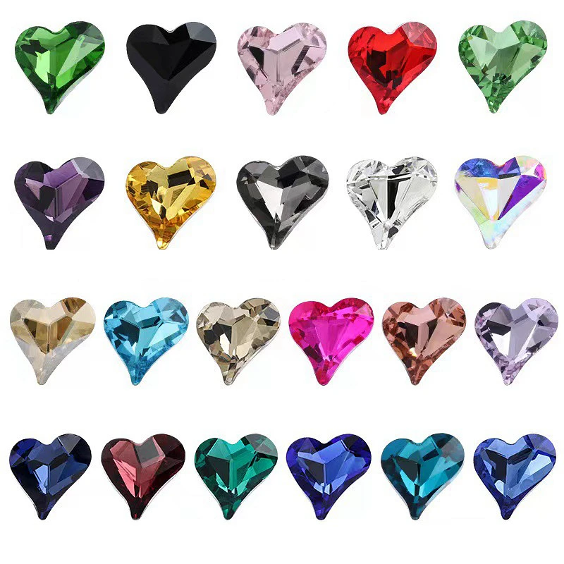 20PCS Pointed Bottom Crooked Heart Nail Rhinestones Charms K9 Glass Stone Gems Crystal Nail Art Decorations Manicure Accessories