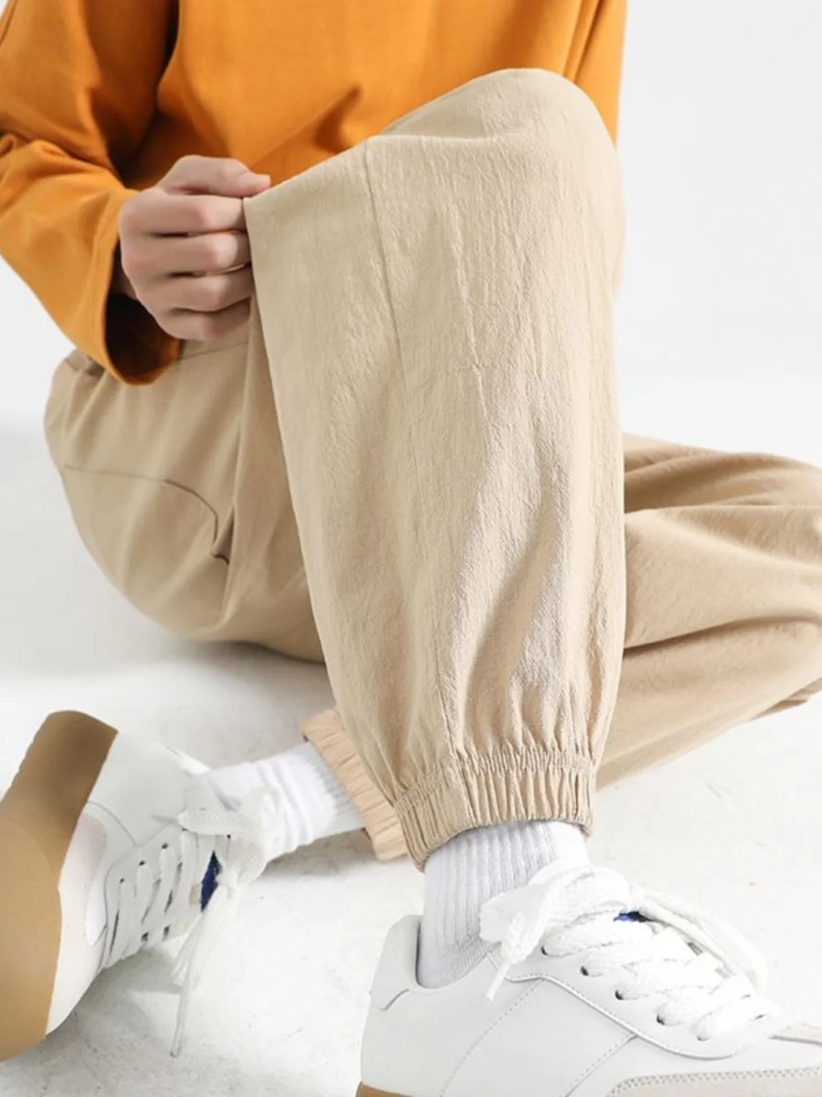 

Cotton Linen Men's Summer Thin Casual Pants Nine Points Slim Fit Sports Bla Elastic Waisand Casual Trousers for Youth