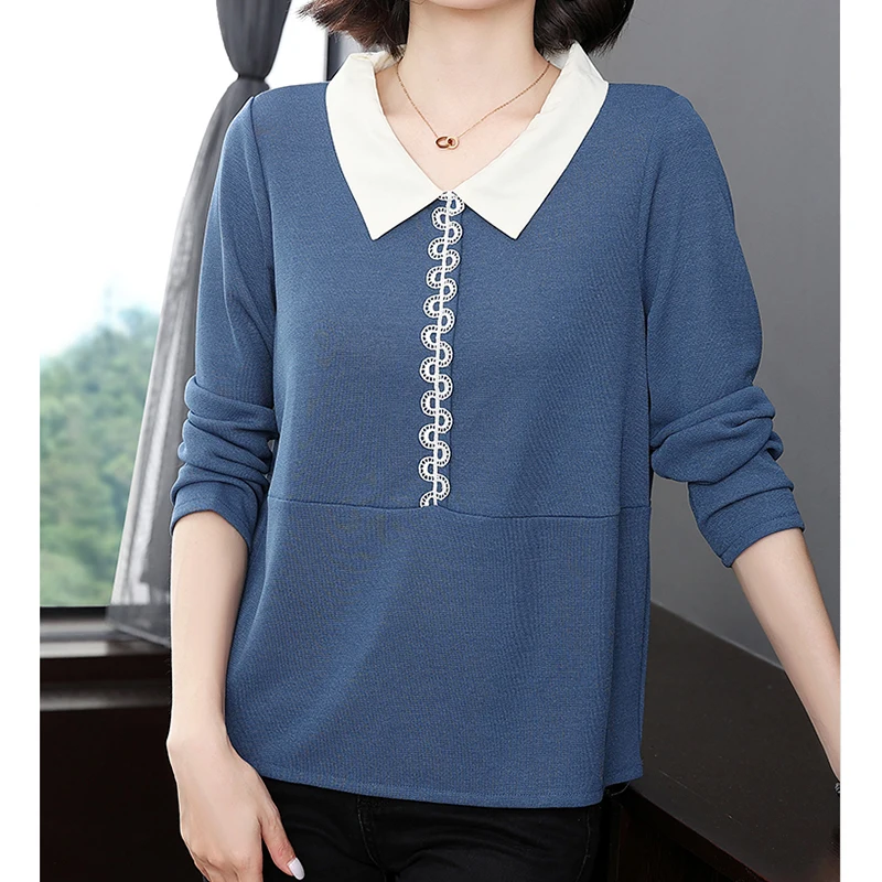 

Long Sleeve Turn Down Collar Tops T Shirt Women Spring New 2022 Knitted T Shirts Blue Fashion Clothes Female Loose Poleras Mujer