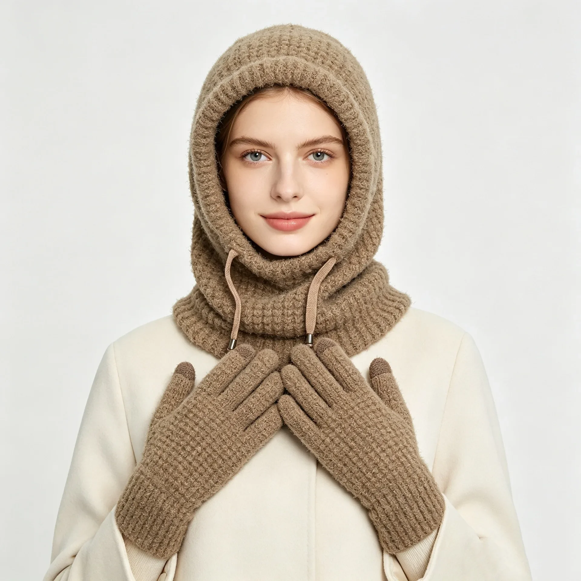 Winter Women Hat Set with Scarf Neck Warmer and Gloves for Outdoor Cycling Riding Knit Cap