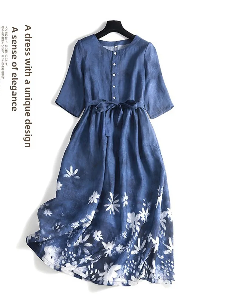 Artistieke print linnen lange Svel Dr dames casual zomerjurk met riem ronde Ne losse taille A-lijn rok