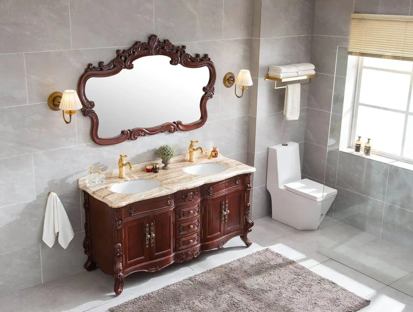 

European -style Oak Bathroom Cabinet Nordic And American Red Oak Marble Dual Basin Washbasin Facial Bathroom Cabinets