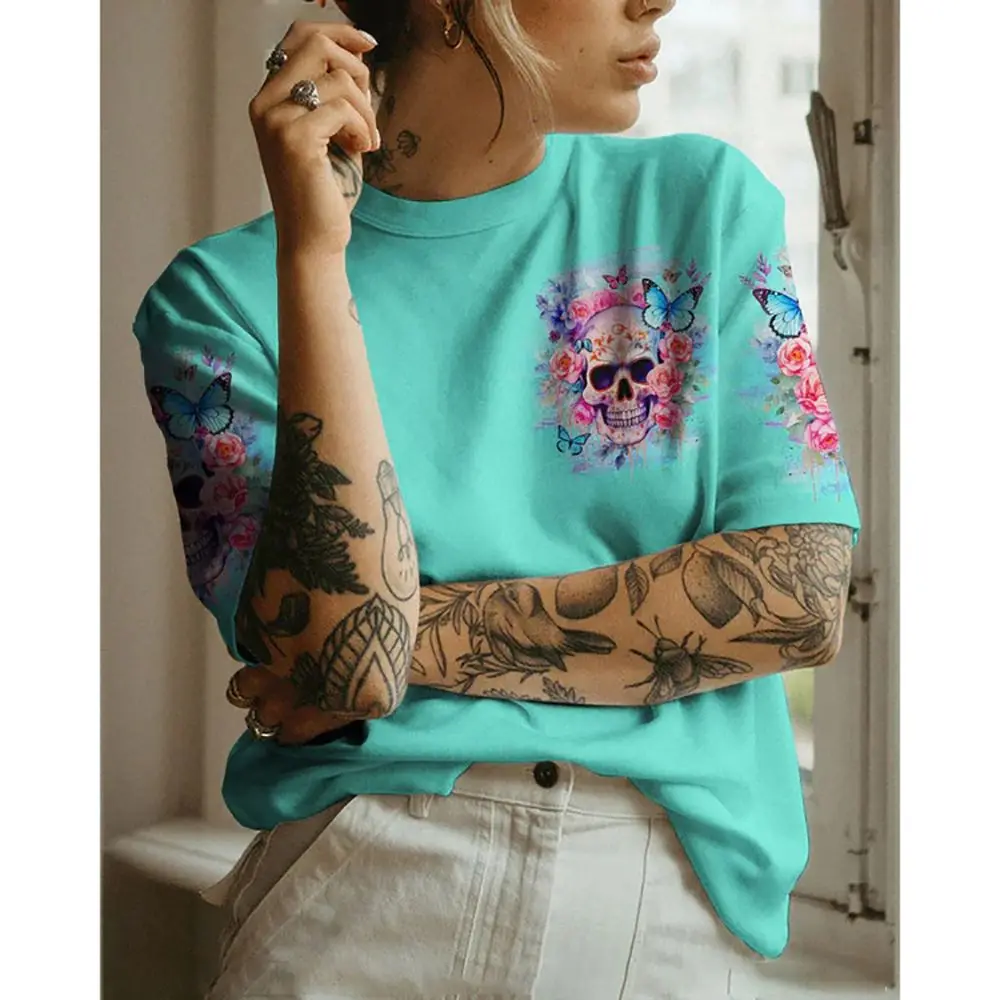 O-Neck Short Sleeve Casual Breathable Oversized Female 2024 Summer Top Woman Clothing Vintage Streetwear Skull Print T-Shirt