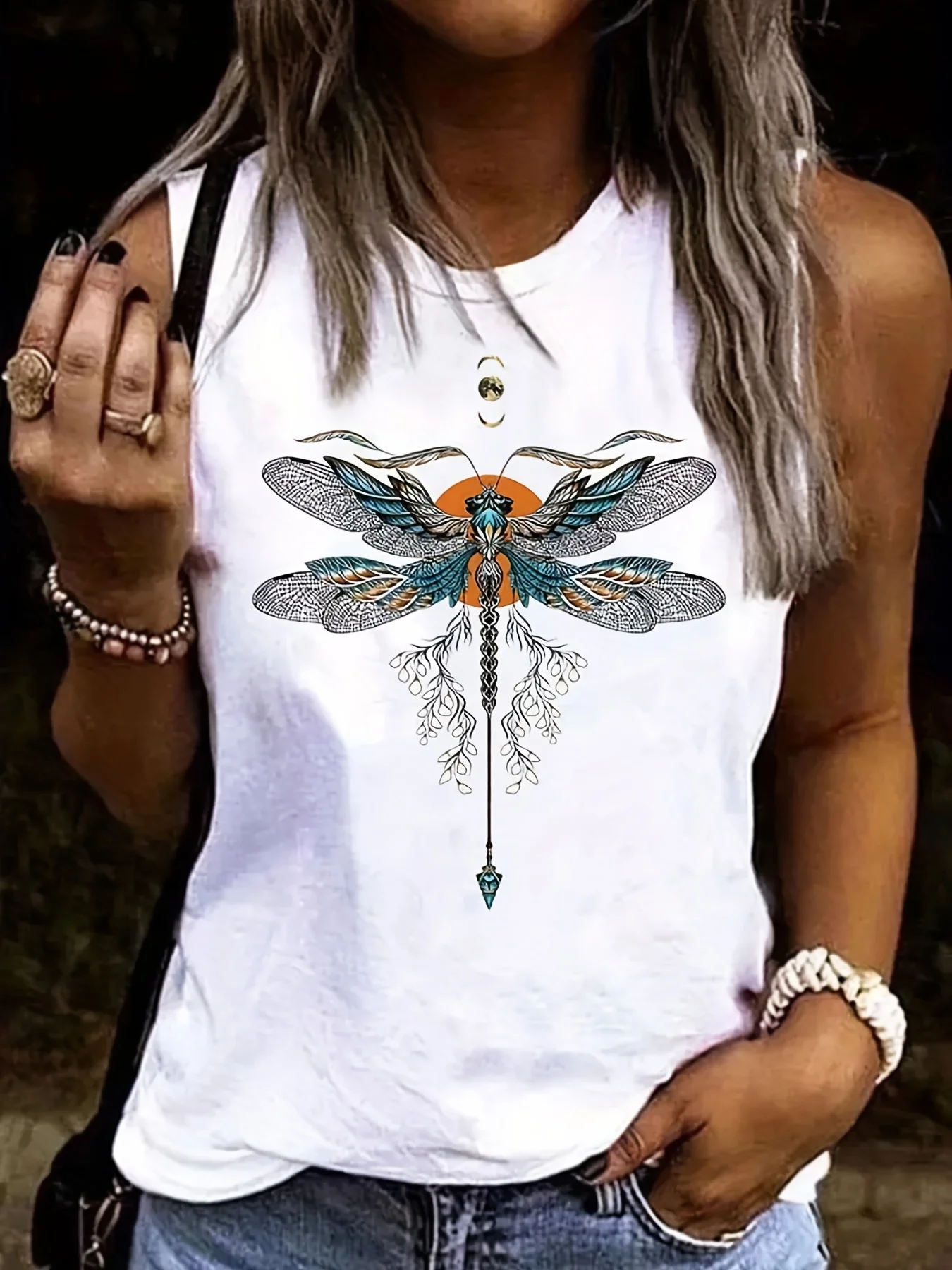 Damska letnia koszulka z nadrukiem ważki, duża, swobodna, luźna koszulka bez rękawów, moda Streetwear, ponadgabarytowa kamizelka z okrągłym dekoltem Off