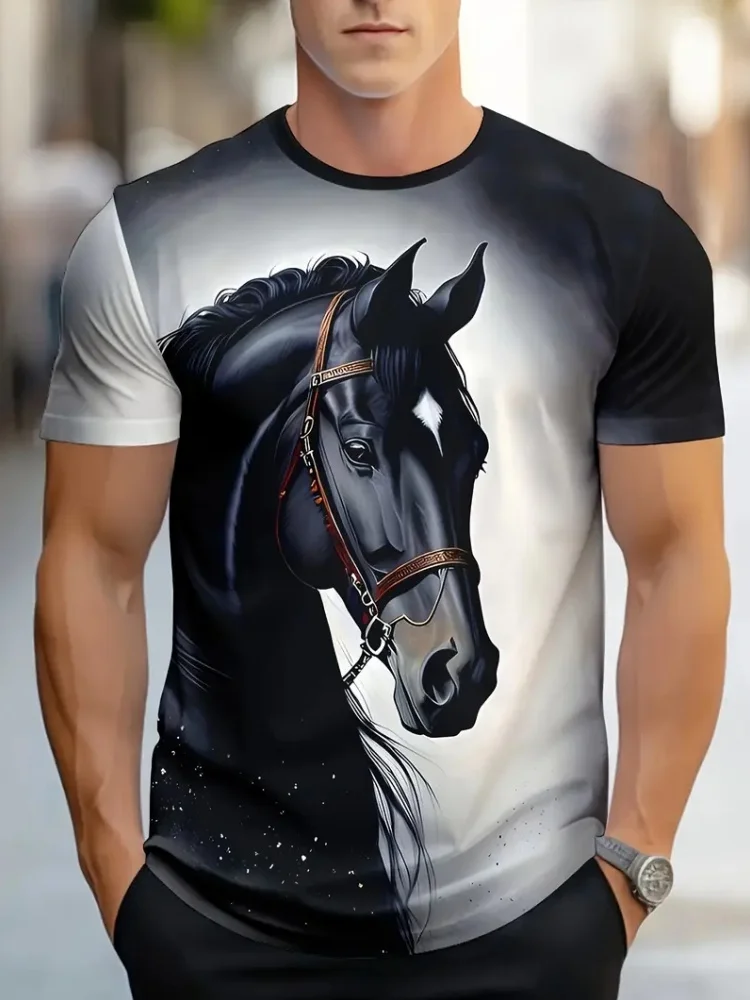 

Vintage T-Shirts for Men Fashion Horse Print Casual Crew Neck Graphic T-Shirt Tops Street Harajuku Short Sleeve Tee Men Clothing