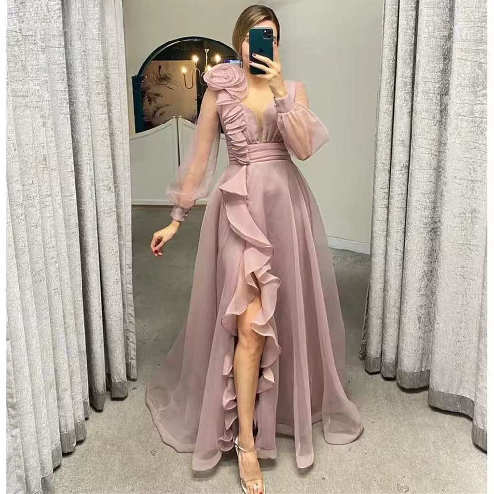 Dusty Pink Sheer V Neck Prom Dresses A Line Side Slit Long Sleeves Wedding Party Gowns Ruffles Tulle Evening Dress