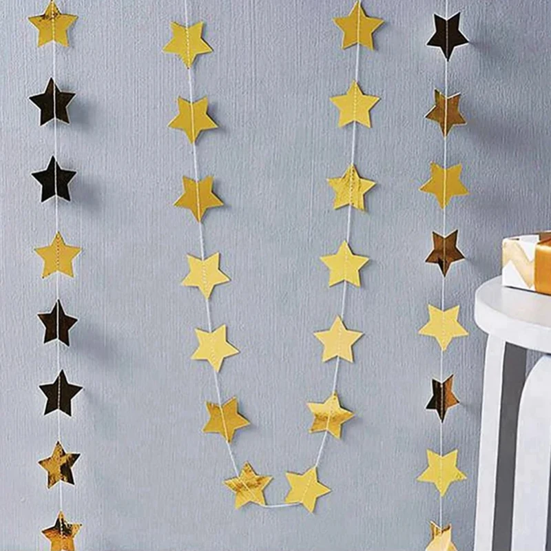 4M Bright Gold Silver Paper Garland Star String Banners Wedding Birthday Banner Home Wall Hanging Decoration Baby Shower Favors