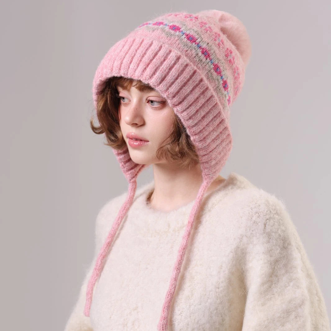 

Жаккардовая вязаная шапка с помпоном в стиле ретро и флисовые теплые стильные корейские шапки-бомберы с защитой лица для женщин