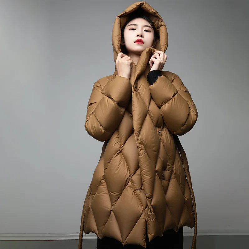Autumn Winter Thick Warm Outwear Adjustable Belt 2026 Women 90% White Duck Down Jacket with Hood Office Lady Luxurious