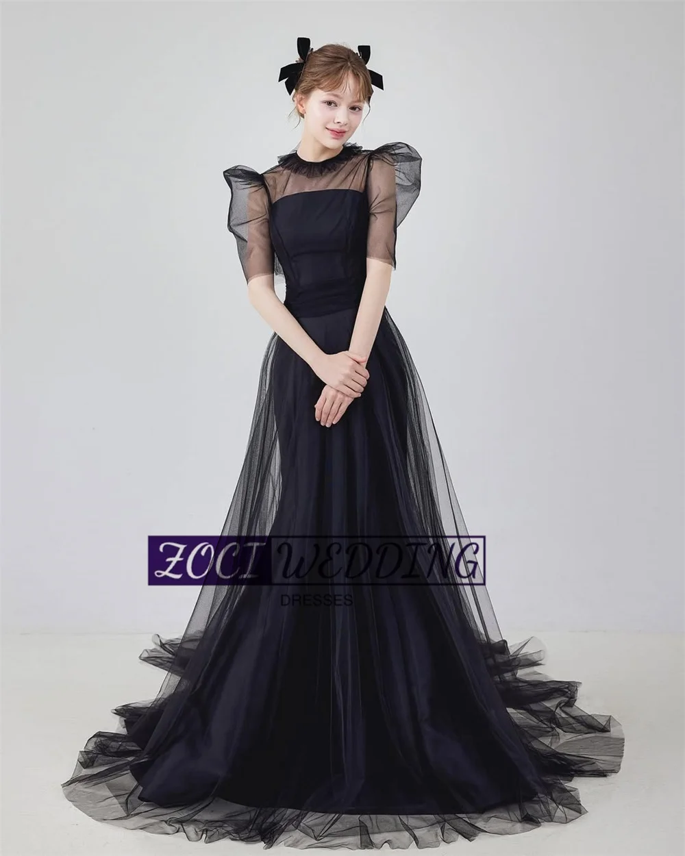 Zoci Elegant Black Mermaid Korea Wedding Dresses Satin Tulle Short Sleeve Photos Shoot Customized Formal Evening Party Dress