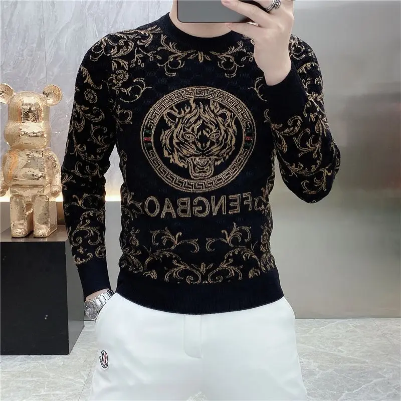 New Men's Double-sided Velvet Fashionable Pattern Tiger Head Printed Long Sleeved T-shirt