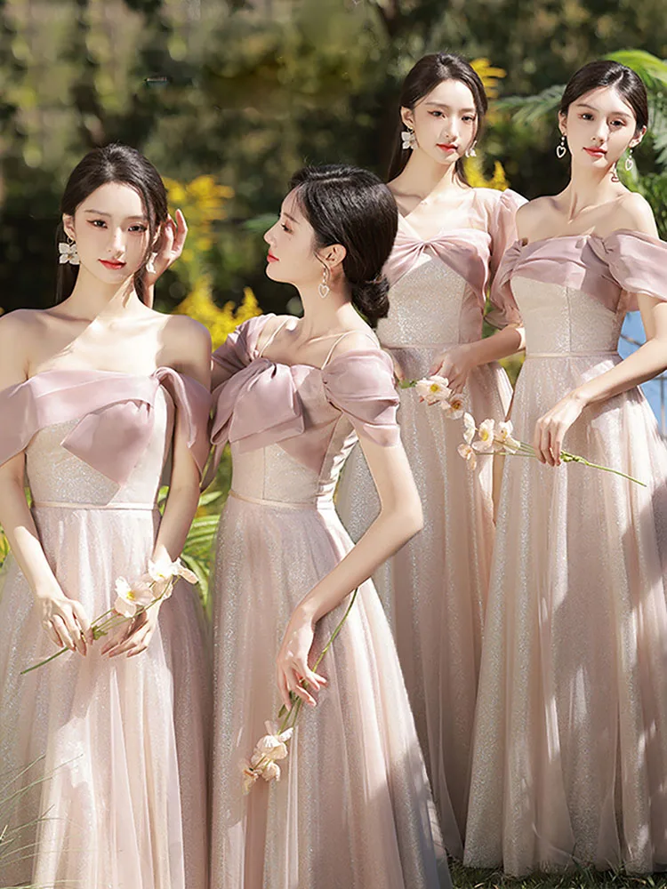 Vestido de dama de honor con lazo rosa para mujer, vestido de tul con lentejuelas y hombros descubiertos, vestido Formal para fiesta de boda, banquete de hermanas