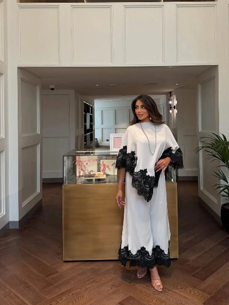 Black Lace Set of Two Pieces Woman Round Neck Flared Sleeve Loose Fit Top with Casual Wide Leg Pants Elegant White Outfit - view 6