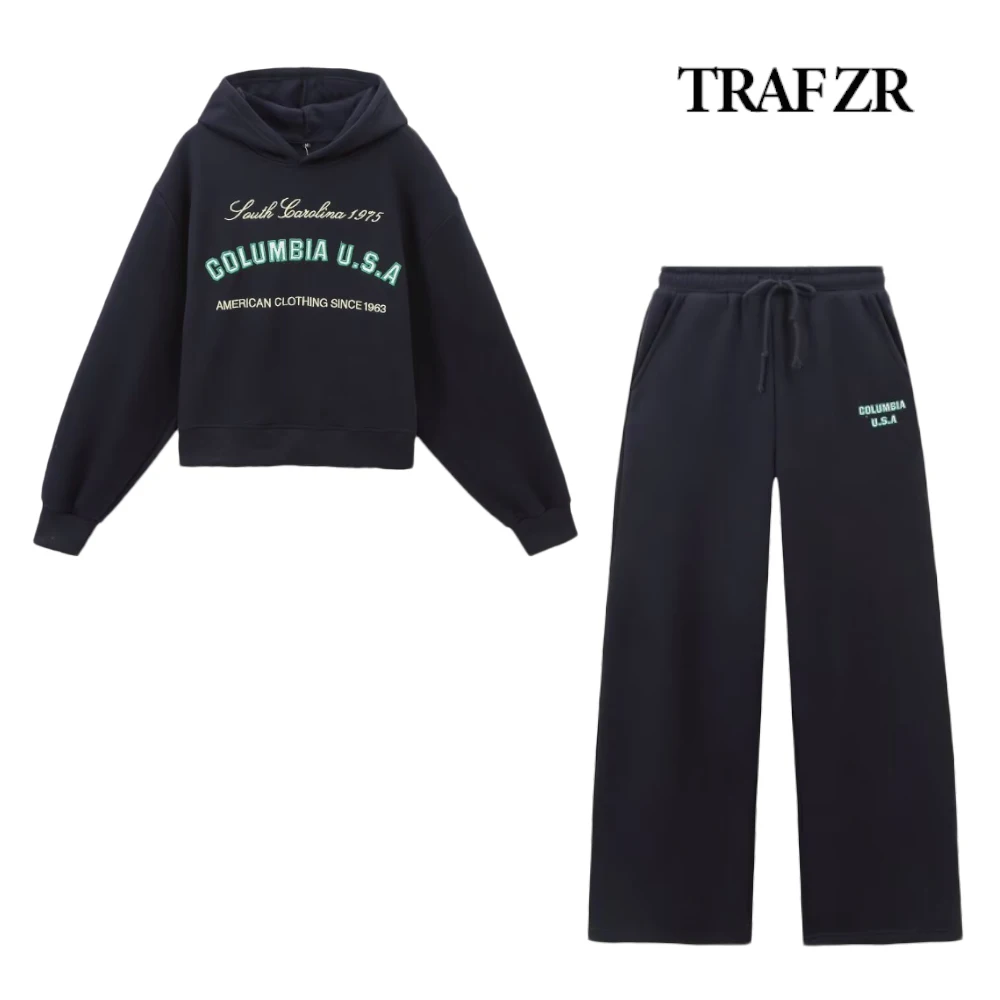 TRAF ZR Women\'s Autumn Tracksuits Normcore 2 Piece Sets Text Print Hooded Sweatshirt Sets Plush Elastic Waistband Jogger Pants