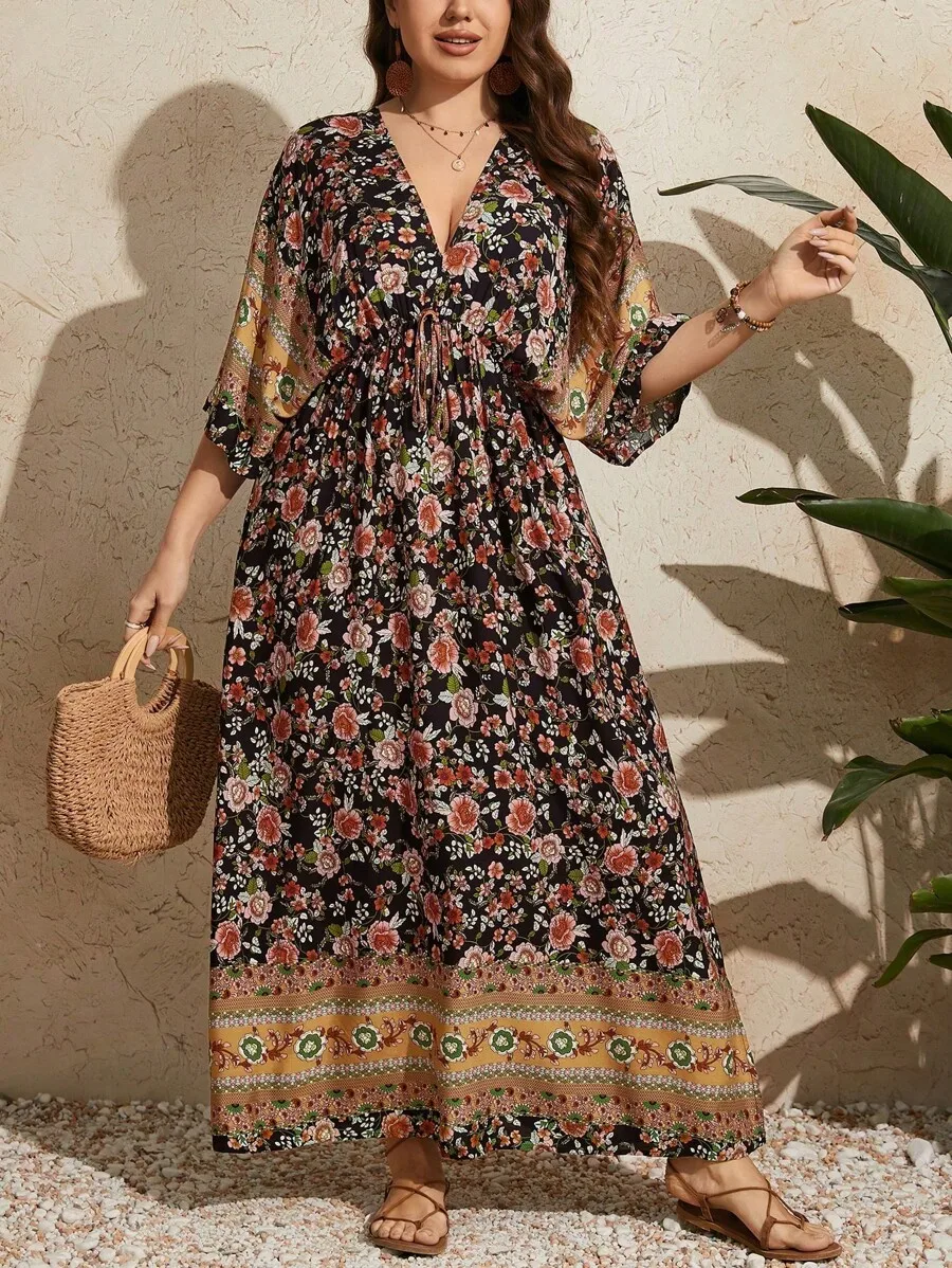 

Floral Printed Batwing Sleeve Maxi Dress For Women