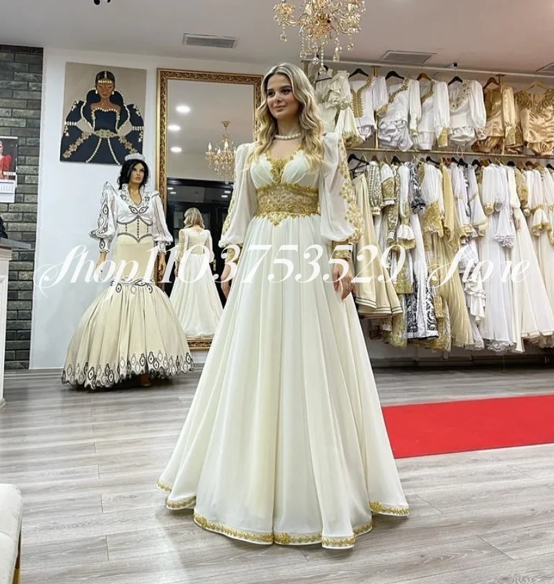 White Arabian Evening Dresses Elegant Long Sleeve Beaded Applique Karakou Algerien Custom Prom Dresses vestidos fiesta mujer