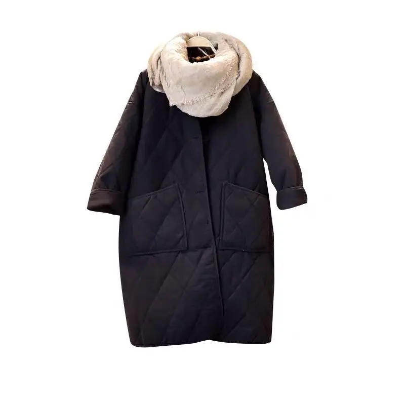 2023 Winter  Large Cladding Diamond Plaid Cotton Coat Loose Casual Medium Length Thickened Warm Cotton Coat
