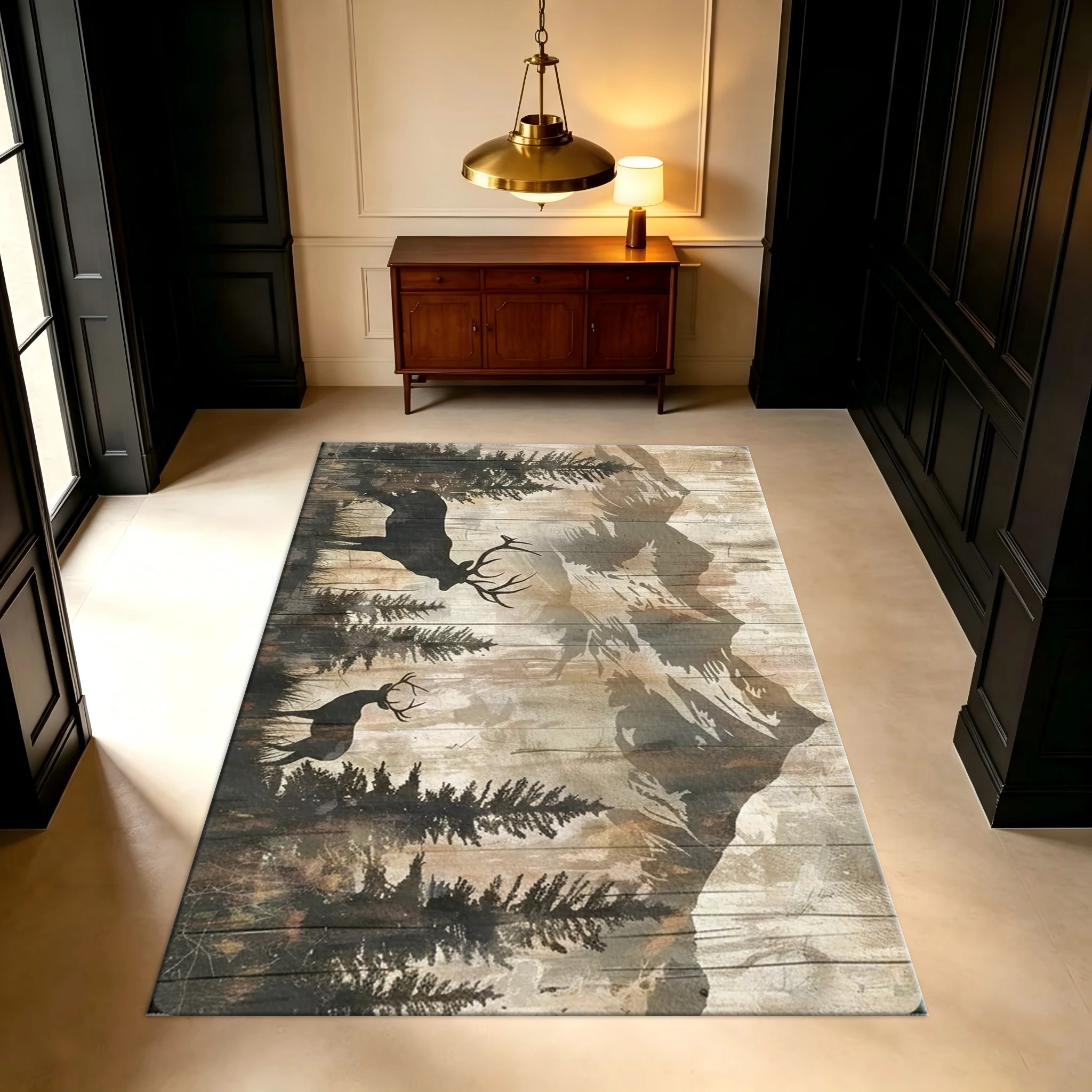 Rustic Wood Mountain Deer Forest Wildlife Carpet Flooring Non‑Slip Nature Style Area Rug for Cabin Living Room Bedroom Home Decoration view 5