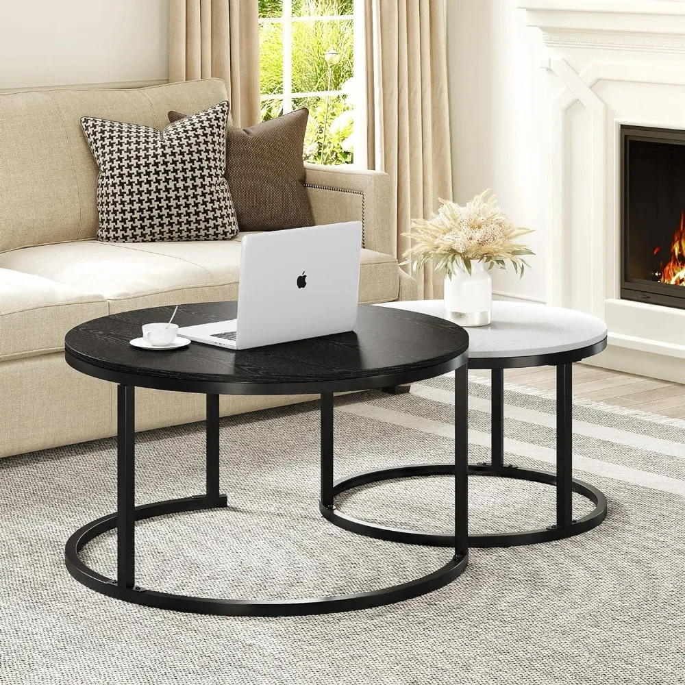 Nesting Coffee Tables Set of 2,Round Coffee Table for Living Room,Wood Coffee Tables with Sturdy Metal Frame, Black and White