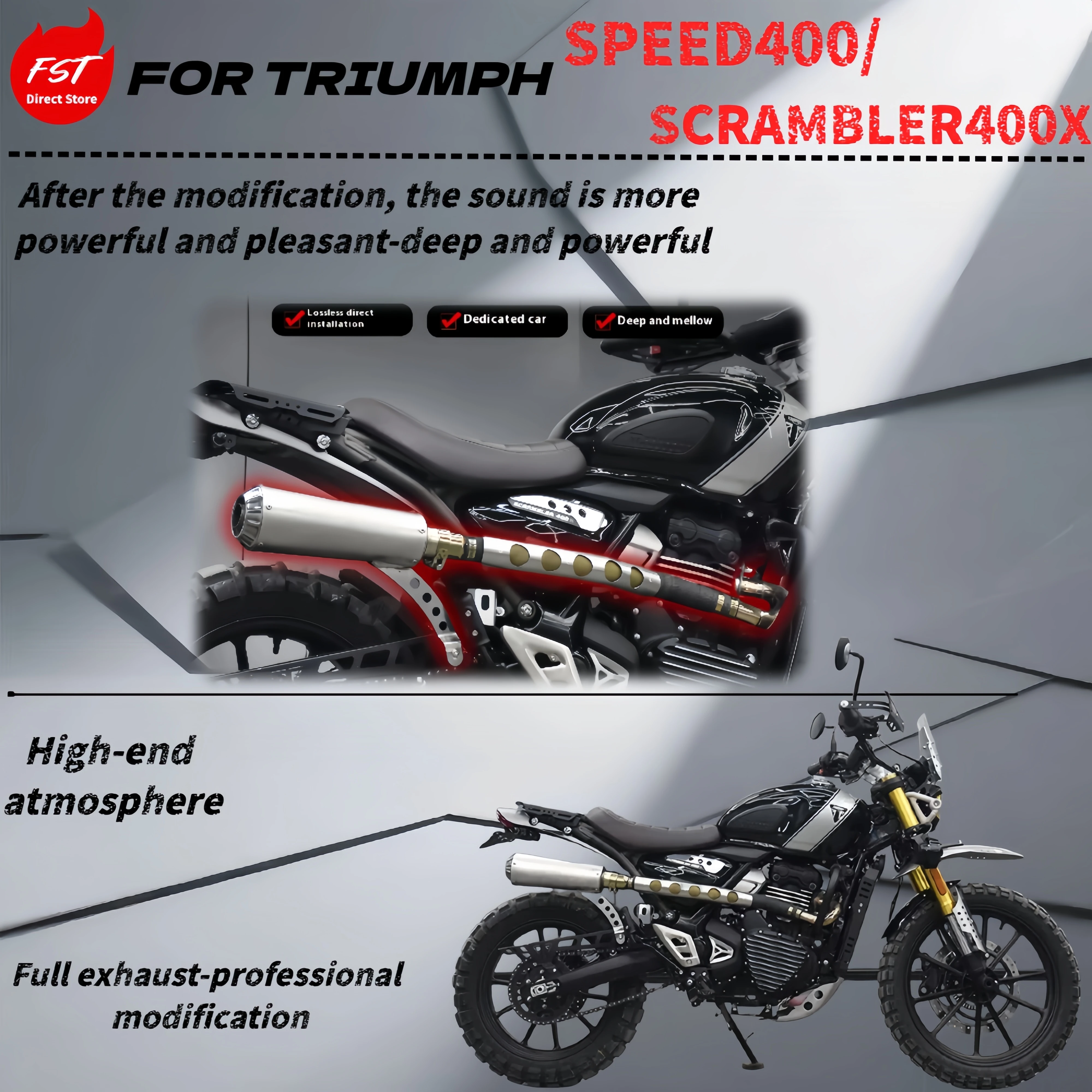 

Для модификации Triumph Speed400/Scrambler400X — высокая выхлопная труба — полносекционный звук, богатый и мощный.