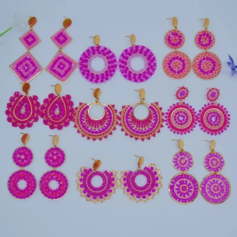 Beaded earrings Rose red Versatile Roundness Crystal Double-deck Hand knitting Bohemia Alloy Fashion Female Rice bead earrings