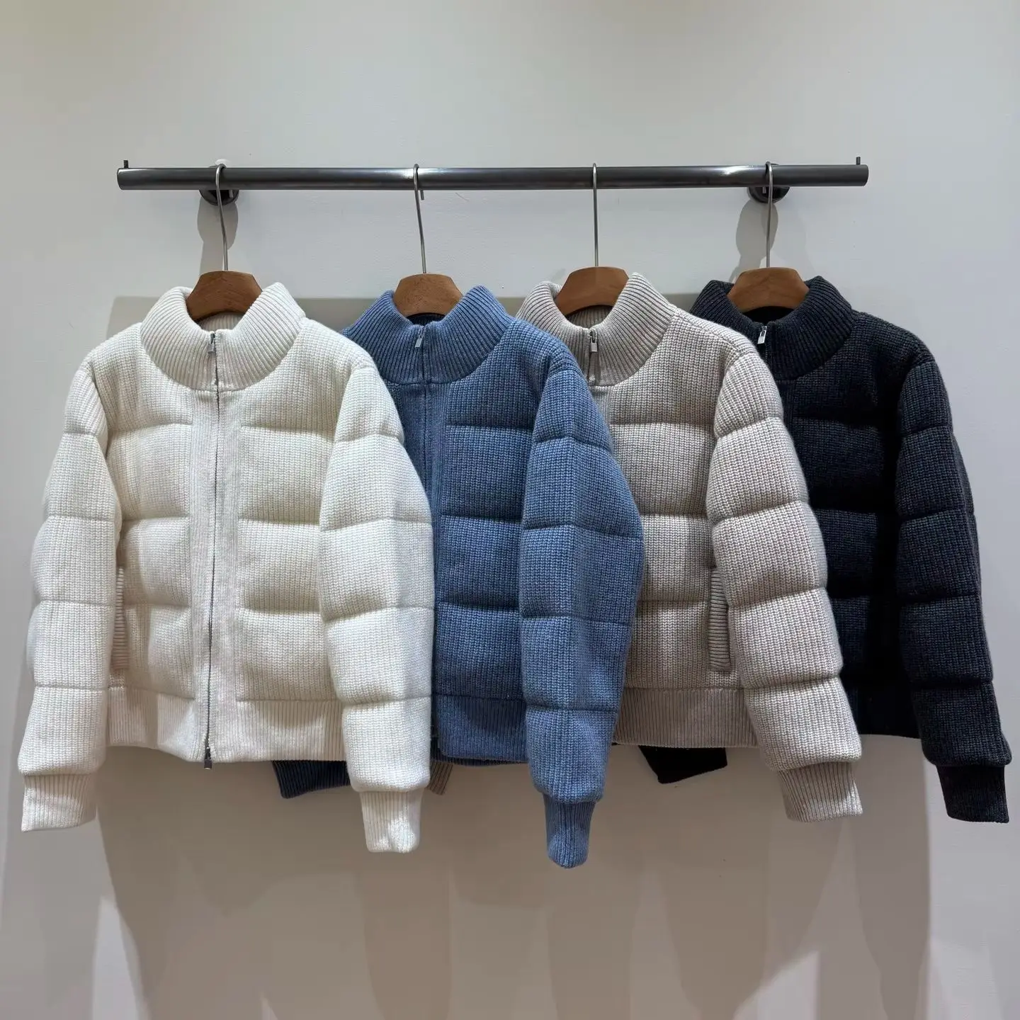 Women’S Fall/Winter 2026 New Arrival: Wool-Cashmere Knit Stand-Collar Goose-Down Zip-Up Jacket